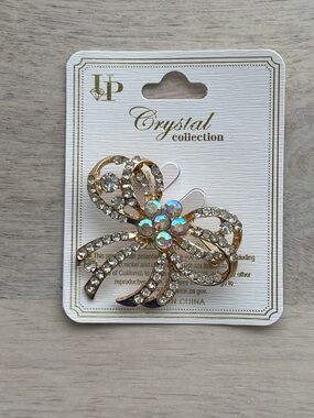 Gold and Clear Rhinestone Bow Brooch